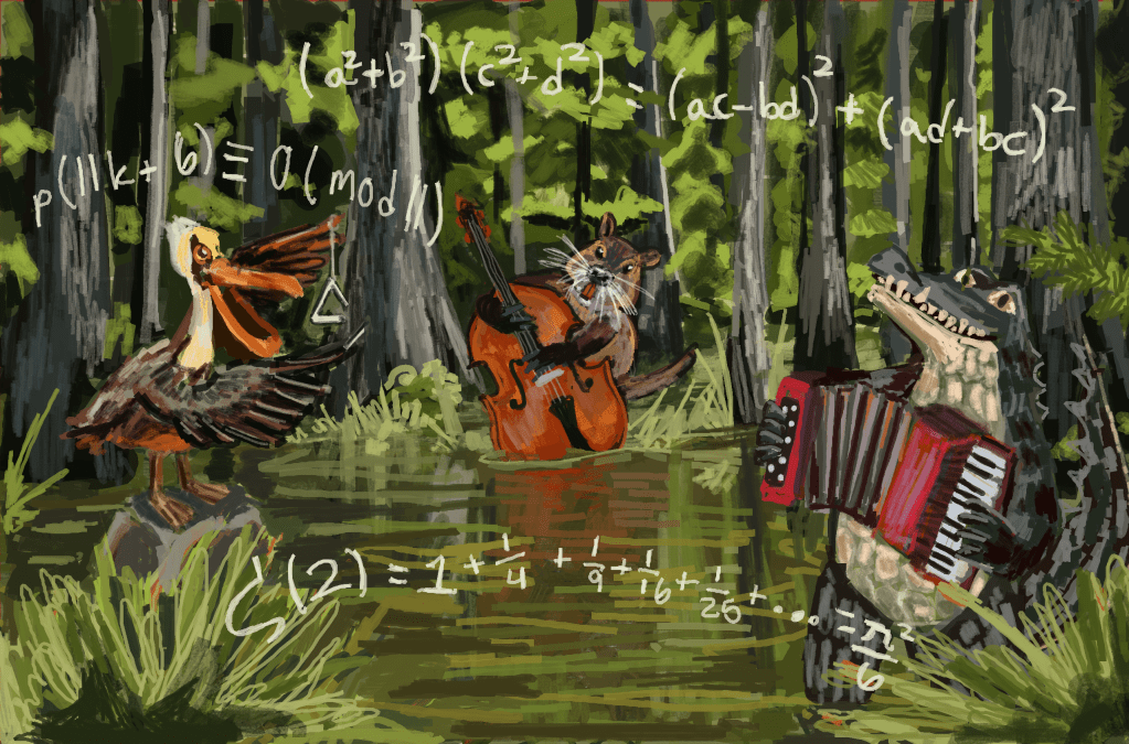 Digital art of a zydeco band consisting of a pelican playing a triangle, a nutria playing an upright bass, and an alligator playing an accordian, in a swamp setting surrounded by number-theoretic equations. Created by Viv Heurtevant. Digital art of a zydeco band consisting of a pelican playing a triangle, a nutria playing an upright bass, and an alligator playing an accordian, in a swamp setting surrounded by number-theoretic equations. Created by Viv Heurtevant.