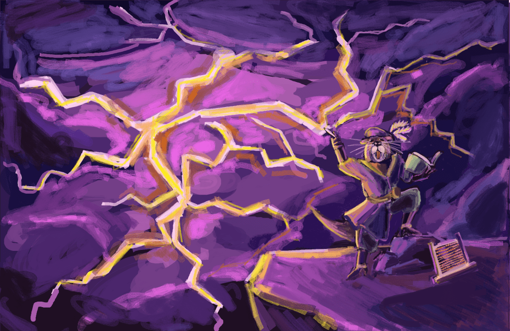 Digital art of a nutria bard summoning lightning from the sky with a piece of chalk. Created by Viv Heurtevant.